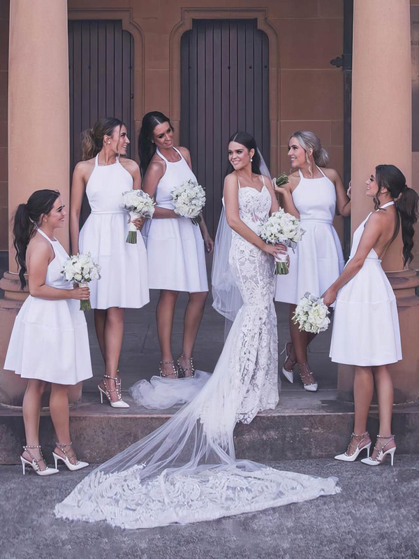 Satin A-line Halter Knee-length Bridesmaid Dresses #DOB01014230