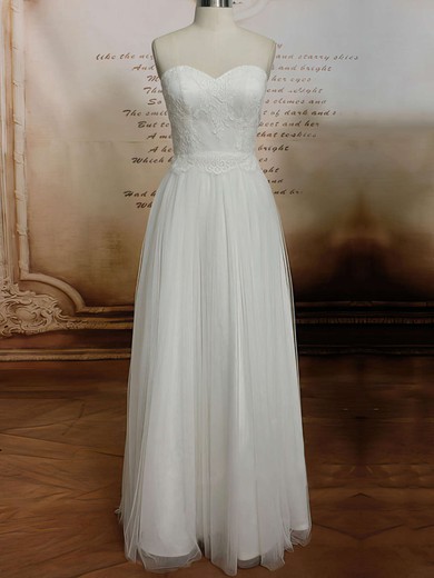 Sweetheart Sheath/Column Floor-length Tulle Satin Lace Wedding Dresses #DOB00020608