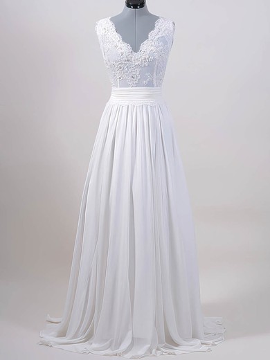 V-neck A-line Sweep Train Chiffon Lace Sashes/Ribbons Wedding Dresses #DOB00020615