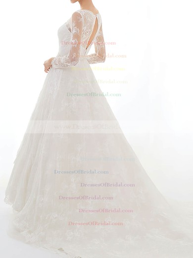 V-neck A-line Court Train Lace Satin Sashes/Ribbons Wedding Dresses #DOB00020629