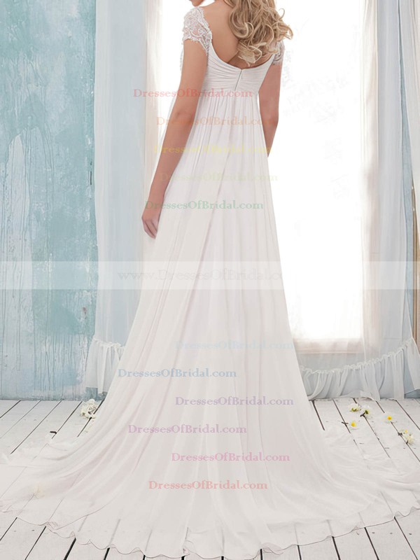Off-the-shoulder Empire Sweep Train Chiffon Lace Wedding Dresses #DOB00020631