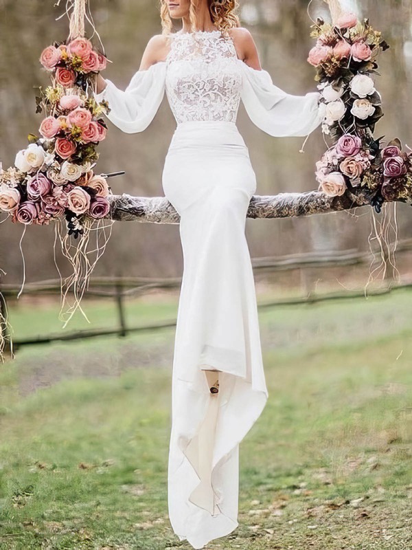 Lace Chiffon Trumpet/Mermaid Square Neckline Sweep Train Wedding Dresses #DOB00024591