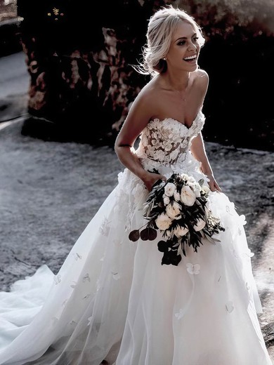 Tulle A-line Sweetheart Sweep Train Beading Wedding Dresses #DOB00024592