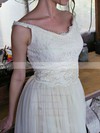 Straps Sheath/Column Floor-length Lace Tulle Sashes/Ribbons Wedding Dresses #DOB00020639