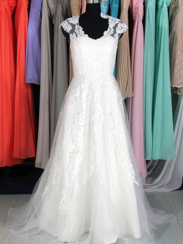 V-neck A-line Court Train Lace Tulle Satin Appliques Wedding Dresses #DOB00020662