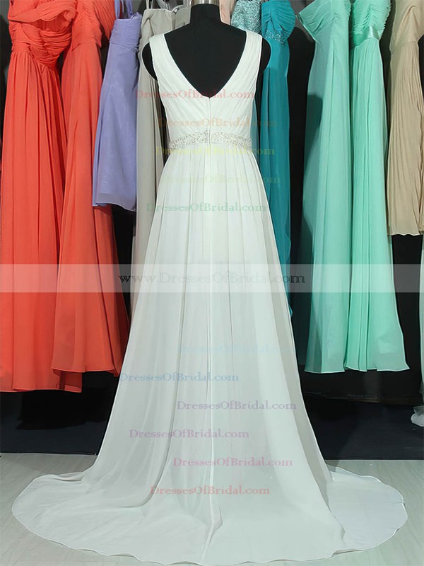 V-neck A-line Sweep Train Chiffon Lace Beading Wedding Dresses #DOB00020663