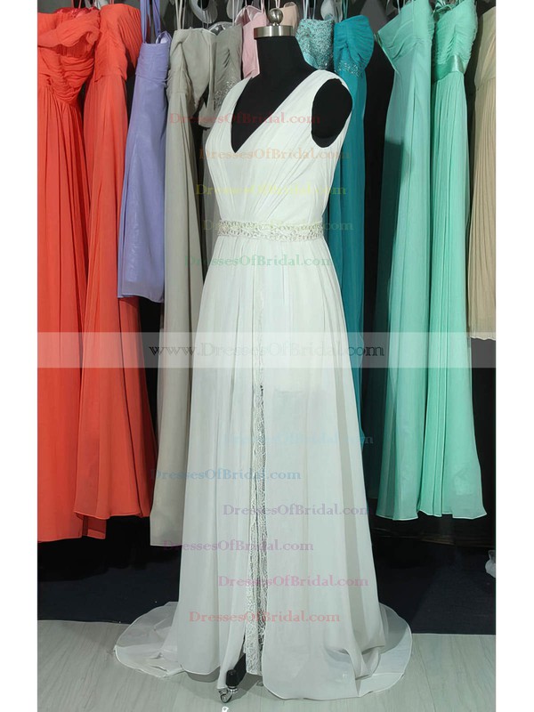 V-neck A-line Sweep Train Chiffon Lace Beading Wedding Dresses #DOB00020663