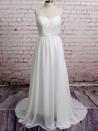 V-neck A-line Court Train Chiffon Lace Wedding Dresses #DOB00020671