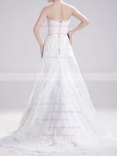 Strapless A-line Sweep Train Lace Satin Sashes/Ribbons Wedding Dresses #DOB00020695