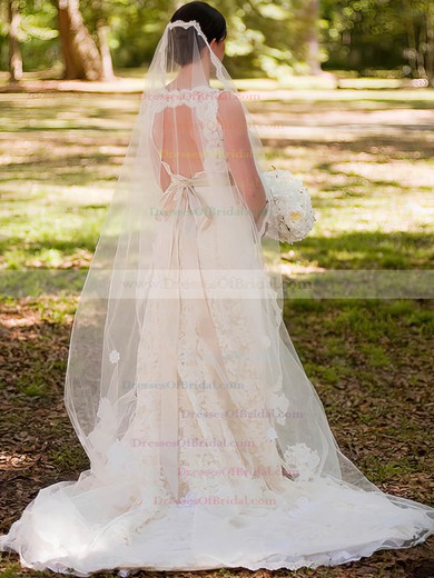 V-neck A-line Court Train Lace Satin Sashes/Ribbons Wedding Dresses #DOB00020713