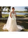 V-neck A-line Court Train Lace Satin Sashes/Ribbons Wedding Dresses #DOB00020713