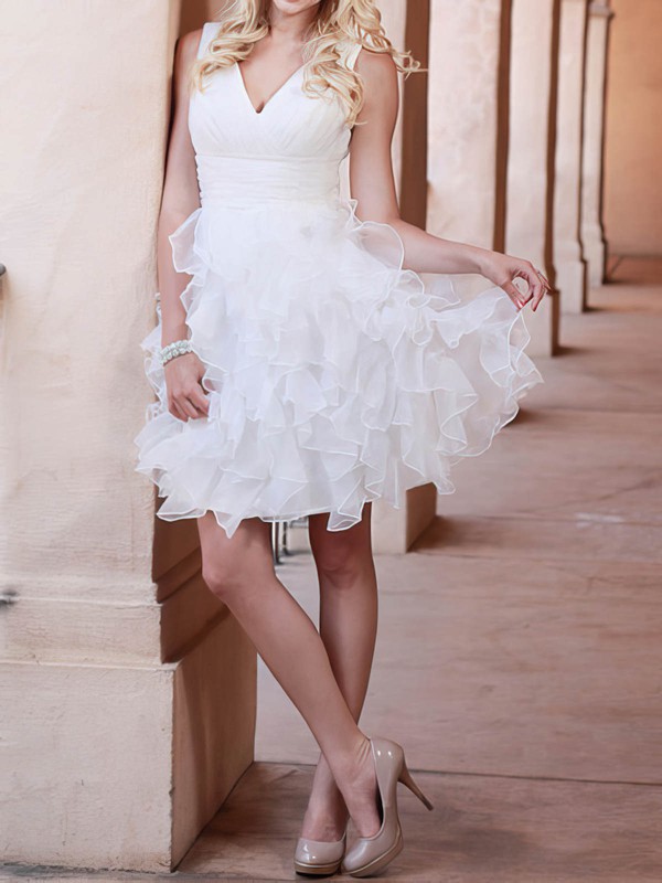 V-neck Ball Gown Short/Mini Organza Tiered Wedding Dresses #DOB00020720
