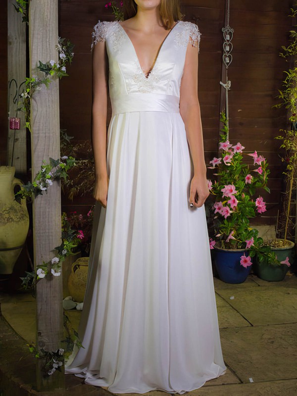 V-neck A-line Floor-length Chiffon Satin Appliques Wedding Dresses #DOB00020755