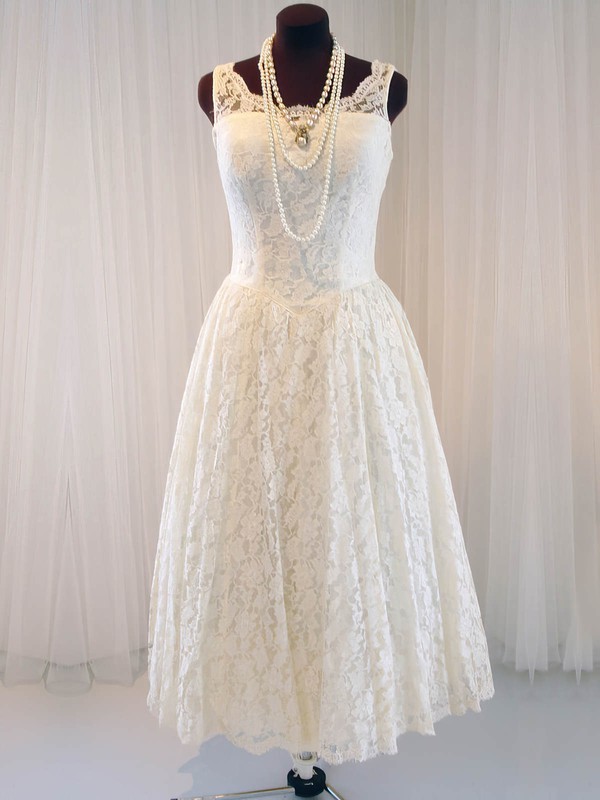 Straps A-line Tea-length Lace Satin Buttons Wedding Dresses #DOB00020790