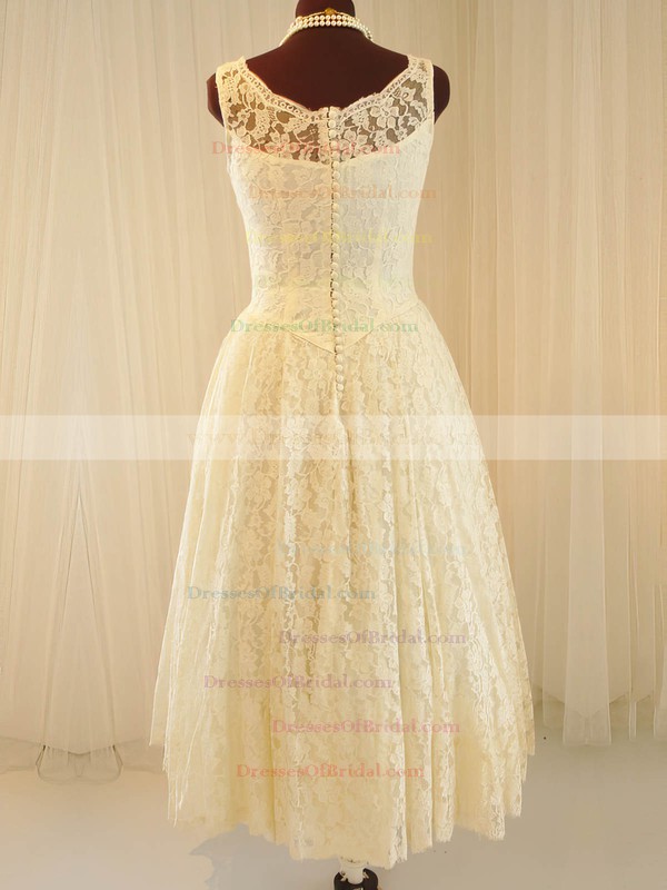 Straps A-line Tea-length Lace Satin Buttons Wedding Dresses #DOB00020790