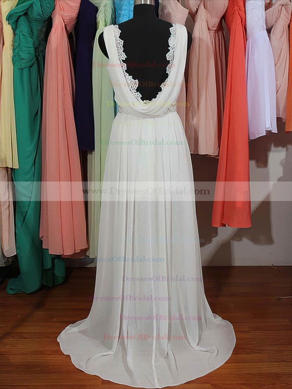 V-neck Sheath/Column Sweep Train Chiffon Lace Beading Wedding Dresses #DOB00020803
