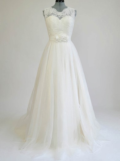 Scalloped A-line Sweep Train Tulle Satin Flower(s) Wedding Dresses #DOB00020812