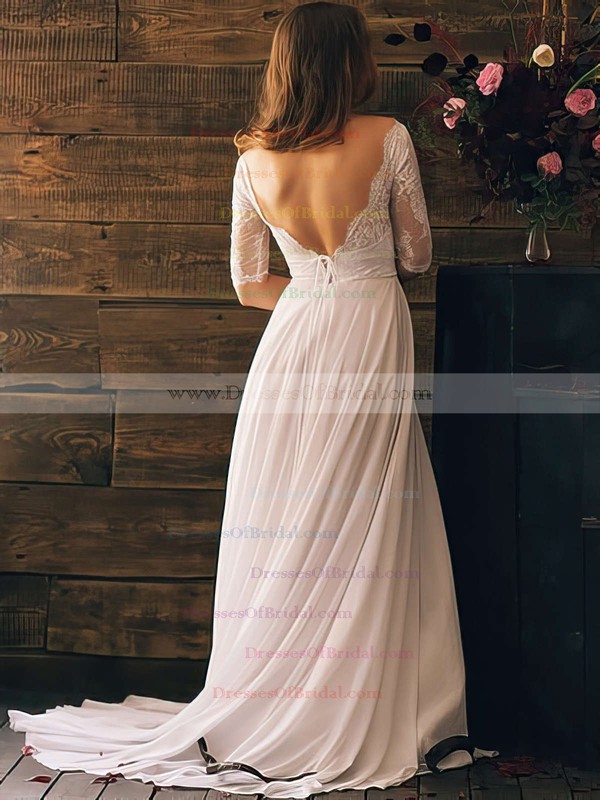 Bateau A-line Court Train Chiffon Lace Wedding Dresses #DOB00020839