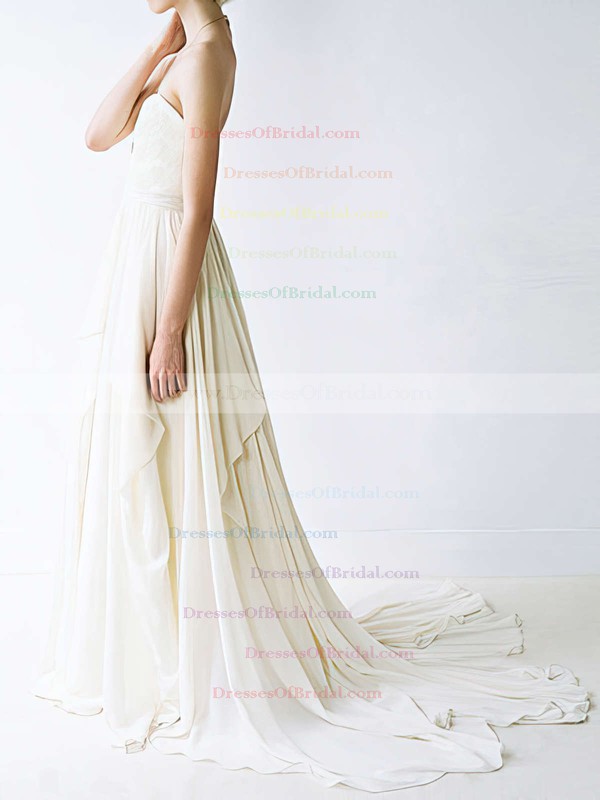 Sweetheart A-line Court Train Chiffon Lace Wedding Dresses #DOB00020848
