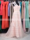 V-neck A-line Sweep Train Tulle Satin Lace Wedding Dresses #DOB00020863