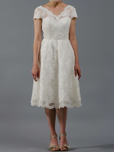 V-neck A-line Knee-length Lace Satin Draped Wedding Dresses #DOB00020864