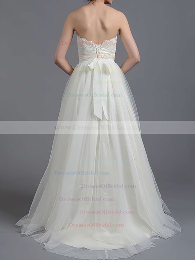 Sweetheart A-line Sweep Train Tulle Satin Sashes/Ribbons Wedding Dresses #DOB00020865