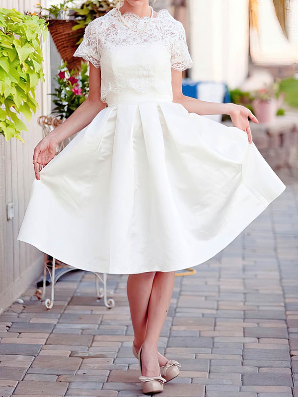Scalloped A-line Knee-length Satin Lace Pockets Wedding Dresses #DOB00020922