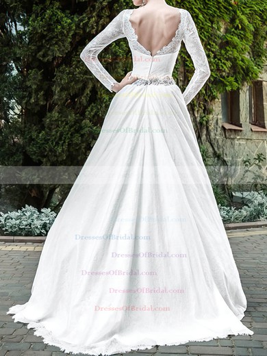 Scalloped A-line Sweep Train Lace Satin Sashes/Ribbons Wedding Dresses #DOB00020939