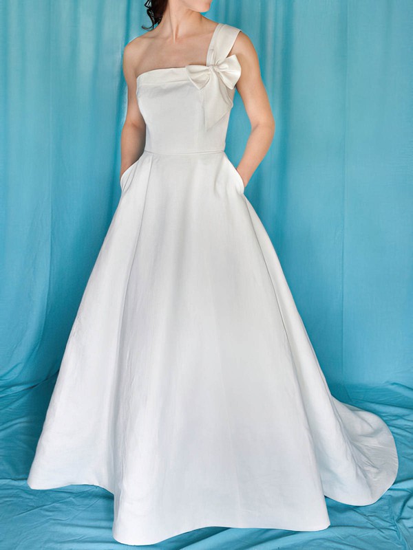 One Shoulder A-line Sweep Train Satin Bow Wedding Dresses #DOB00020959