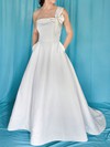 One Shoulder A-line Sweep Train Satin Bow Wedding Dresses #DOB00020959