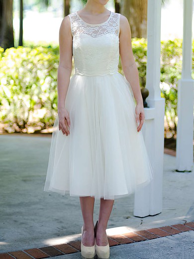 Scoop A-line Tea-length Tulle Satin Lace Wedding Dresses #DOB00020974