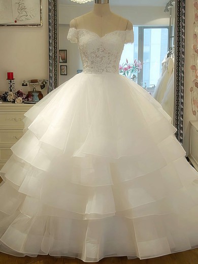 Off-the-shoulder Ball Gown Court Train Organza Tiered Wedding Dresses #DOB00020986