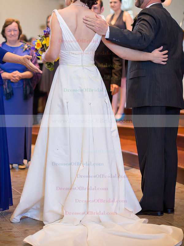 V-neck A-line Court Train Satin Ruffles Wedding Dresses #DOB00020991