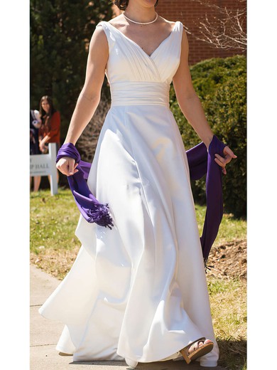 V-neck A-line Court Train Satin Ruffles Wedding Dresses #DOB00020991