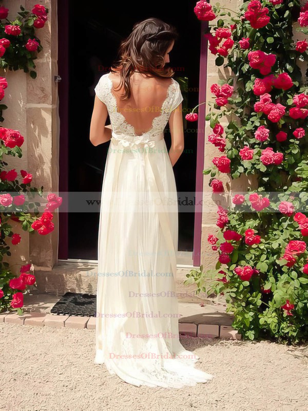 V-neck A-line Sweep Train Tulle Lace Wedding Dresses #DOB02016957