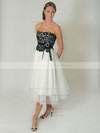 Strapless A-line Tea-length Lace Satin Tulle Sashes / Ribbons Bridesmaid Dresses #DOB02018074