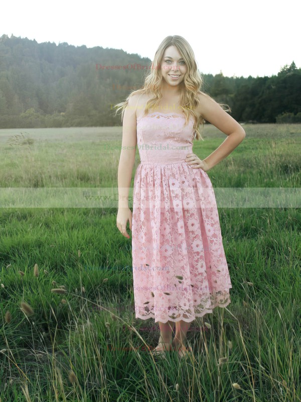 Strapless A-line Tea-length Lace Ruffles Bridesmaid Dresses #DOB02017787